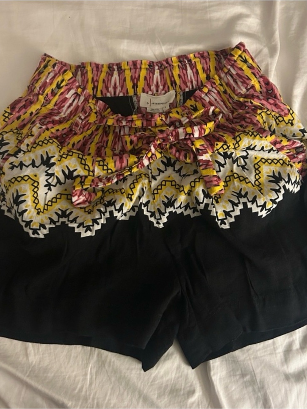 Anthropologie Linen Blend Pull On Shorts Elastic Tie Waist Multi color yellow